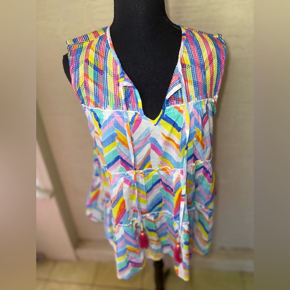 Ivy Jane 100%‎ Cotton Multi- Colored zigzag tiered tank top- Size Medium - Picture 2 of 9